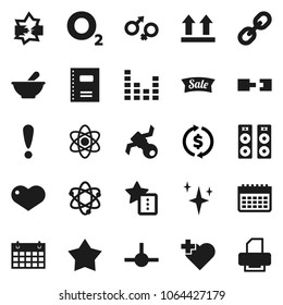 Flat vector icon set - shining vector, copybook, atom, exchange, calendar, heart cross, oxygen, attention, satellite, top sign, equalizer, link, gender, mortar, connect, disconnection, favorites