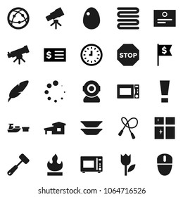 Flat vector icon set - shining window vector, towel, meat hammer, microwave oven, plates, egg, pen, telescope, certificate, receipt, clock, dollar flag, jump rope, port, tulip, flammable, internet