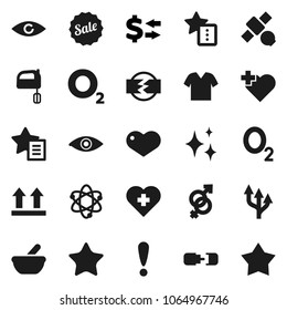 Flat vector icon set - shining vector, mixer, atom, exchange, heart cross, oxygen, attention, satellite, top sign, favorites, eye, gender, mortar, route arrow, connection, disconnection, sale, star