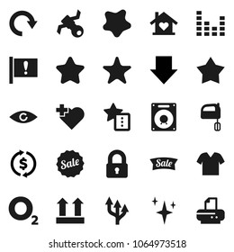 Flat vector icon set - shining vector, splotch, mixer, exchange, arrow down, heart cross, oxygen, attention, satellite, top sign, equalizer, favorites, eye, redo, route, lock, love home, star, sale