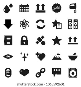 Flat vector icon set - shining vector, mixer, copybook, atom, arrow down, calendar, heart cross, stadium, satellite, top sign, link, favorites, eye, mortar, blood drop, message, refresh, mountain