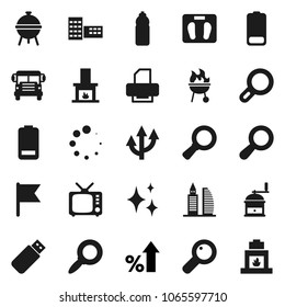Flat vector icon set - shining vector, hand mill, bbq, school building, bus, flag, magnifier, percent growth, scales, water bottle, tv, battery, loading, route arrow, office, fireplace, printer, usb