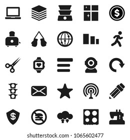 Flat vector icon set - shining window vector, toaster, oven, pencil, notebook pc, dollar coin, boxing glove, heart monitor, no fastfood, run, traffic light, sorting, antenna, internet, favorites