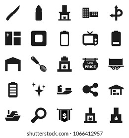 Flat vector icon set - shining vector, window cleaning, skimmer, knife, school building, magnifier, dollar flag, water bottle, route, ship, truck trailer, tv, battery, stop button, share, barn