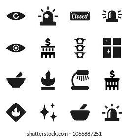 Flat vector icon set - shining vector, window, table lamp, bank building, traffic light, flammable, eye, mortar, siren, closed