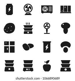 Flat vector icon set - shining window vector, double boiler, mushroom, potato, apple fruit, enegry drink, ari condition, fan