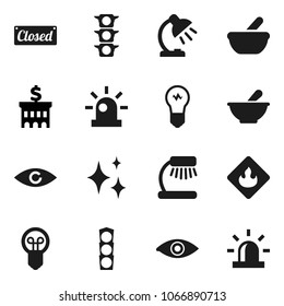 Flat vector icon set - shining vector, table lamp, bank building, traffic light, flammable, eye, mortar, siren, closed, bulb