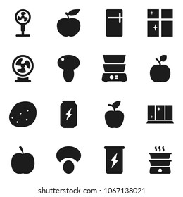 Flat vector icon set - shining window vector, double boiler, mushroom, potato, apple fruit, diet, enegry drink, fridge, fan