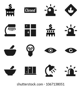 Flat vector icon set - shining window vector, table lamp, bank building, flammable, eye, mortar, siren, closed, bulb