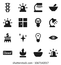 Flat vector icon set - shining vector, window, table lamp, bank building, traffic light, flammable, eye, mortar, siren, closed, bulb