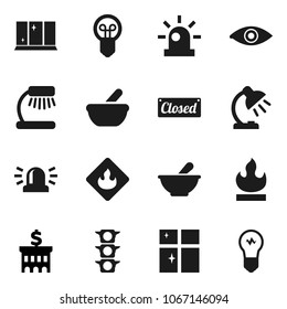 Flat vector icon set - shining window vector, table lamp, bank building, traffic light, flammable, eye, mortar, siren, closed, bulb