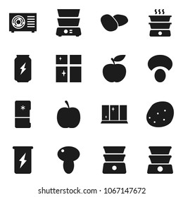 Flat vector icon set - shining window vector, double boiler, mushroom, potato, diet, enegry drink, ari condition, fridge