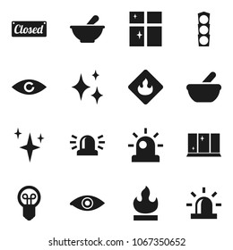 Flat vector icon set - shining vector, window, traffic light, flammable, eye, mortar, siren, closed, bulb