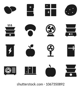 Flat vector icon set - shining window vector, double boiler, mushroom, potato, apple fruit, diet, enegry drink, ari condition, fridge, fan