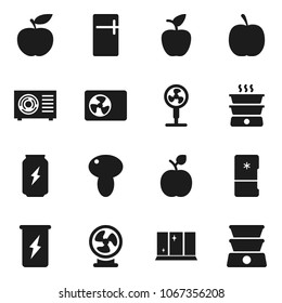 Flat vector icon set - shining window vector, mushroom, apple fruit, diet, enegry drink, ari condition, fridge, fan, double boiler