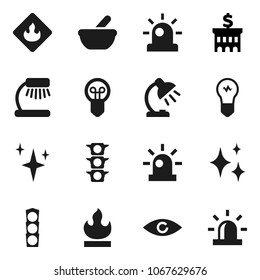 Flat vector icon set - shining vector, table lamp, bank building, traffic light, flammable, eye, mortar, siren, bulb