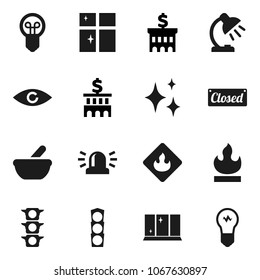 Flat vector icon set - shining vector, window, table lamp, bank building, traffic light, flammable, eye, mortar, siren, closed, bulb