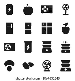 Flat vector icon set - shining window vector, double boiler, mushroom, potato, apple fruit, diet, enegry drink, ari condition, fridge, fan