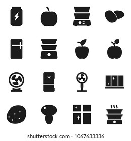 Flat vector icon set - shining window vector, double boiler, mushroom, potato, apple fruit, diet, energy drink, fridge, fan