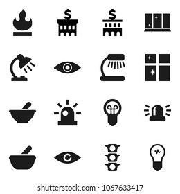 Flat vector icon set - shining window vector, table lamp, bank building, traffic light, flammable, eye, mortar, siren, bulb