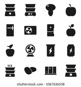 Flat vector icon set - shining window vector, double boiler, mushroom, potato, apple fruit, diet, energy drink, air condition, fridge, fan