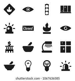 Flat vector icon set - shining window vector, table lamp, bank building, traffic light, flammable, eye, mortar, siren, closed, bulb