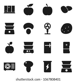 Flat vector icon set - shining window vector, double boiler, mushroom, potato, apple fruit, diet, enegry drink, ari condition, fridge, fan