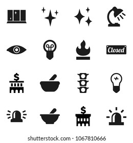 Flat vector icon set - shining vector, window, table lamp, bank building, traffic light, flammable, eye, mortar, siren, closed, bulb