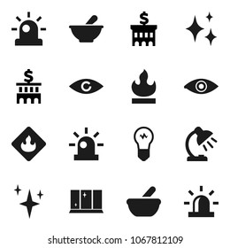 Flat vector icon set - shining vector, window, table lamp, bank building, flammable, eye, mortar, siren, bulb