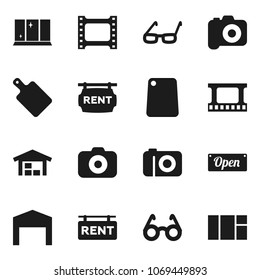 Flat vector icon set - shining window vector, cutting board, glasses, film frame, camera, barn, rent signboard, open