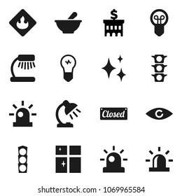 Flat vector icon set - shining vector, window, table lamp, bank building, traffic light, flammable, eye, mortar, siren, closed, bulb