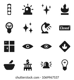 Flat vector icon set - shining vector, window, table lamp, bank building, traffic light, flammable, eye, mortar, siren, closed, bulb