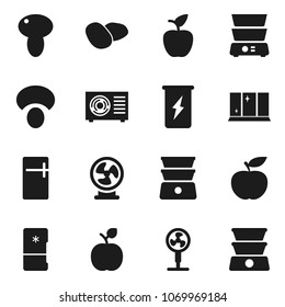 Flat vector icon set - shining window vector, double boiler, mushroom, potato, apple fruit, diet, enegry drink, ari condition, fridge, fan