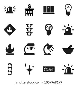 Flat vector icon set - shining vector, window, table lamp, bank building, traffic light, flammable, mortar, siren, closed, bulb