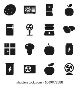 Flat vector icon set - shining window vector, double boiler, mushroom, potato, apple fruit, diet, enegry drink, ari condition, fridge, fan