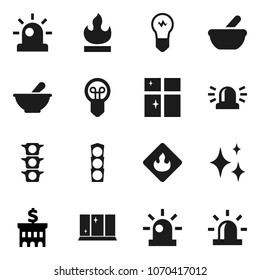 Flat vector icon set - shining vector, window, bank building, traffic light, flammable, mortar, siren, bulb