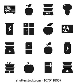 Flat vector icon set - shining window vector, double boiler, mushroom, apple fruit, diet, enegry drink, ari condition, fridge