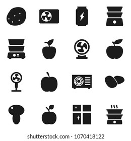 Flat vector icon set - shining window vector, double boiler, mushroom, potato, apple fruit, diet, enegry drink, ari condition, fan
