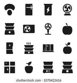 Flat vector icon set - shining window vector, double boiler, mushroom, apple fruit, diet, enegry drink, ari condition, fridge, fan