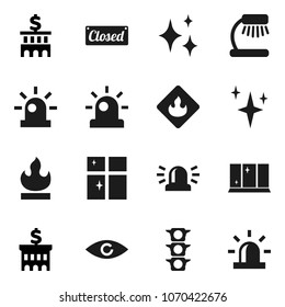 Flat vector icon set - shining vector, window, table lamp, bank building, traffic light, flammable, eye, siren, closed