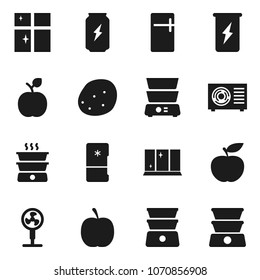 Flat vector icon set - shining window vector, double boiler, potato, apple fruit, diet, enegry drink, ari condition, fridge, fan