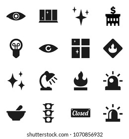 Flat vector icon set - shining vector, window, table lamp, bank building, traffic light, flammable, eye, mortar, closed, siren, bulb
