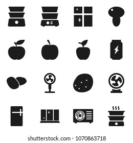 Flat vector icon set - shining window vector, double boiler, mushroom, potato, apple fruit, diet, enegry drink, ari condition, fridge, fan
