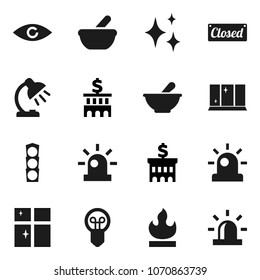Flat vector icon set - shining vector, window, table lamp, bank building, traffic light, flammable, eye, mortar, siren, closed, bulb