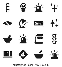 Flat vector icon set - shining vector, window, table lamp, traffic light, flammable, eye, mortar, siren, closed, bulb