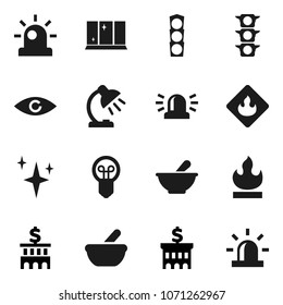 Flat vector icon set - shining vector, window, table lamp, bank building, traffic light, flammable, eye, mortar, siren, bulb