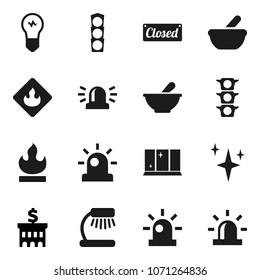 Flat vector icon set - shining vector, window, table lamp, bank building, traffic light, flammable, mortar, siren, closed, bulb
