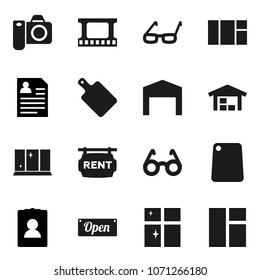 Flat vector icon set - shining window vector, cutting board, glasses, personal information, film frame, barn, rent signboard, open, camera