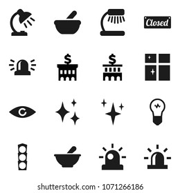 Flat vector icon set - shining vector, window, table lamp, bank building, traffic light, eye, mortar, siren, closed, bulb
