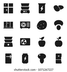 Flat vector icon set - shining window vector, double boiler, mushroom, potato, apple fruit, enegry drink, ari condition, fridge